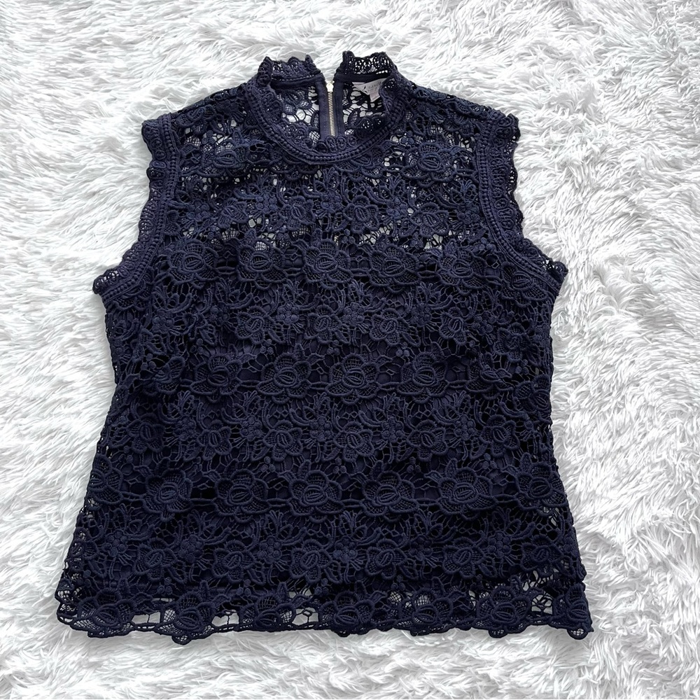 Nanette Lepore | Navy Blue Floral Lace Shell Sleeveless Top - Picture 3 of 9